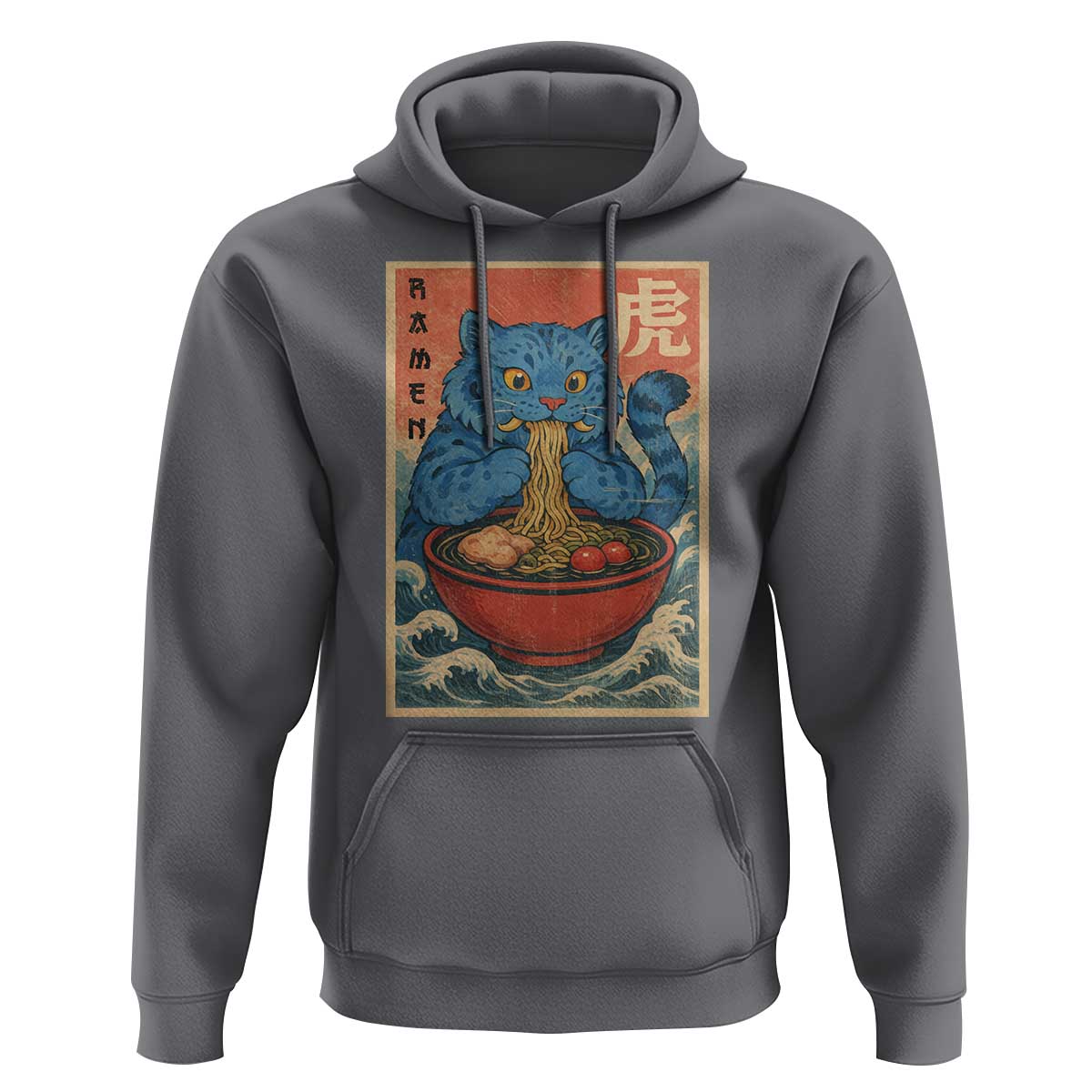 Anime Blue Cat Ramen Hoodie Vintage Japanese Art Funny Kawaii Demon Cat Tiger - Wonder Print Shop