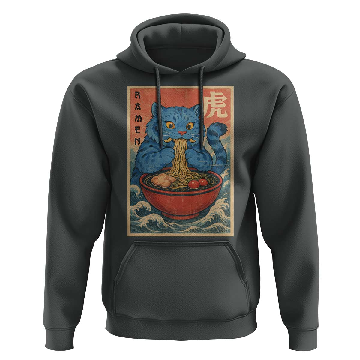 Anime Blue Cat Ramen Hoodie Vintage Japanese Art Funny Kawaii Demon Cat Tiger - Wonder Print Shop