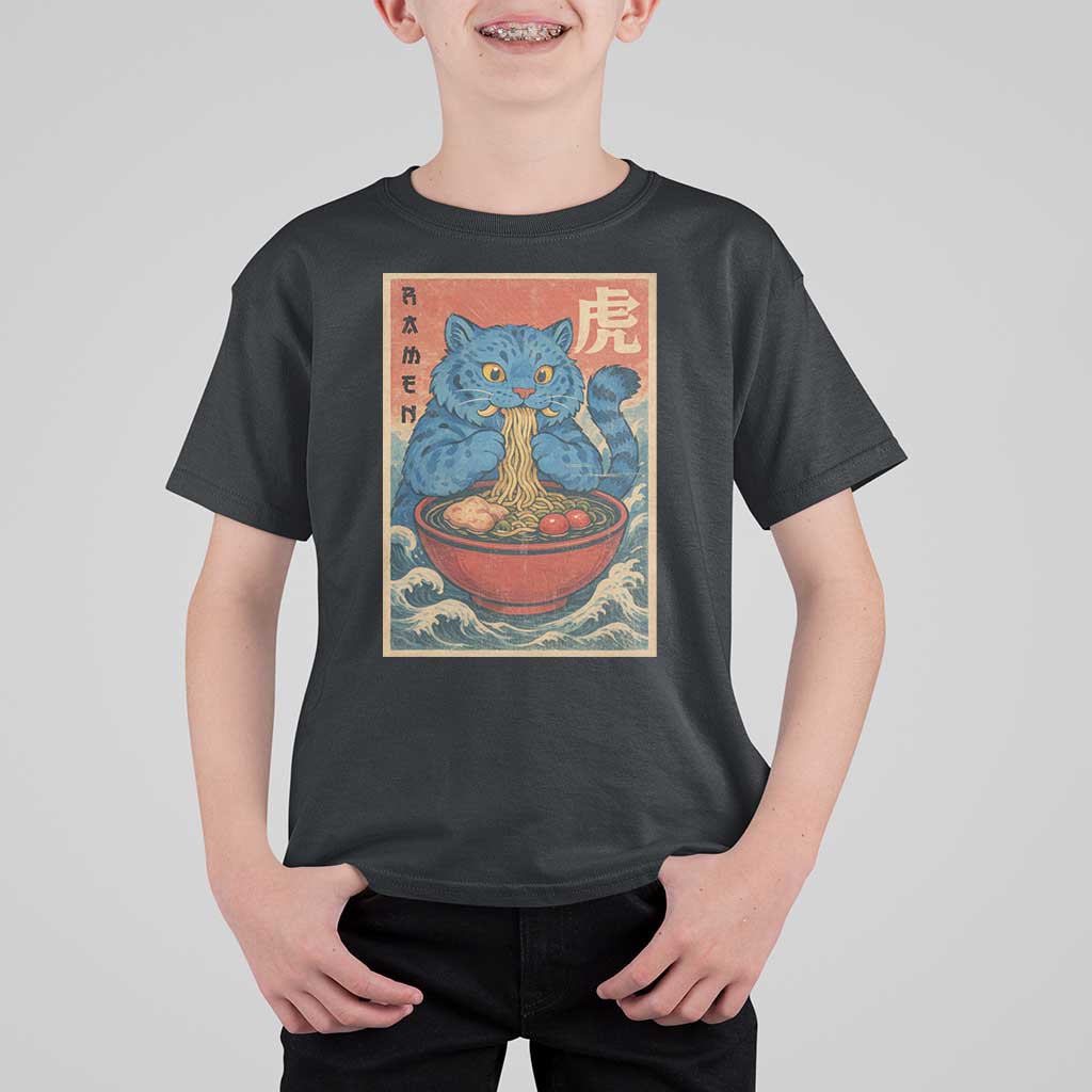 Anime Blue Cat Ramen T Shirt For Kid Vintage Japanese Art Funny Kawaii Demon Cat Tiger - Wonder Print Shop