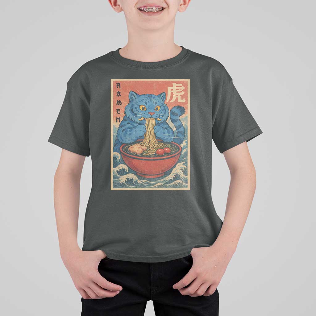 Anime Blue Cat Ramen T Shirt For Kid Vintage Japanese Art Funny Kawaii Demon Cat Tiger - Wonder Print Shop