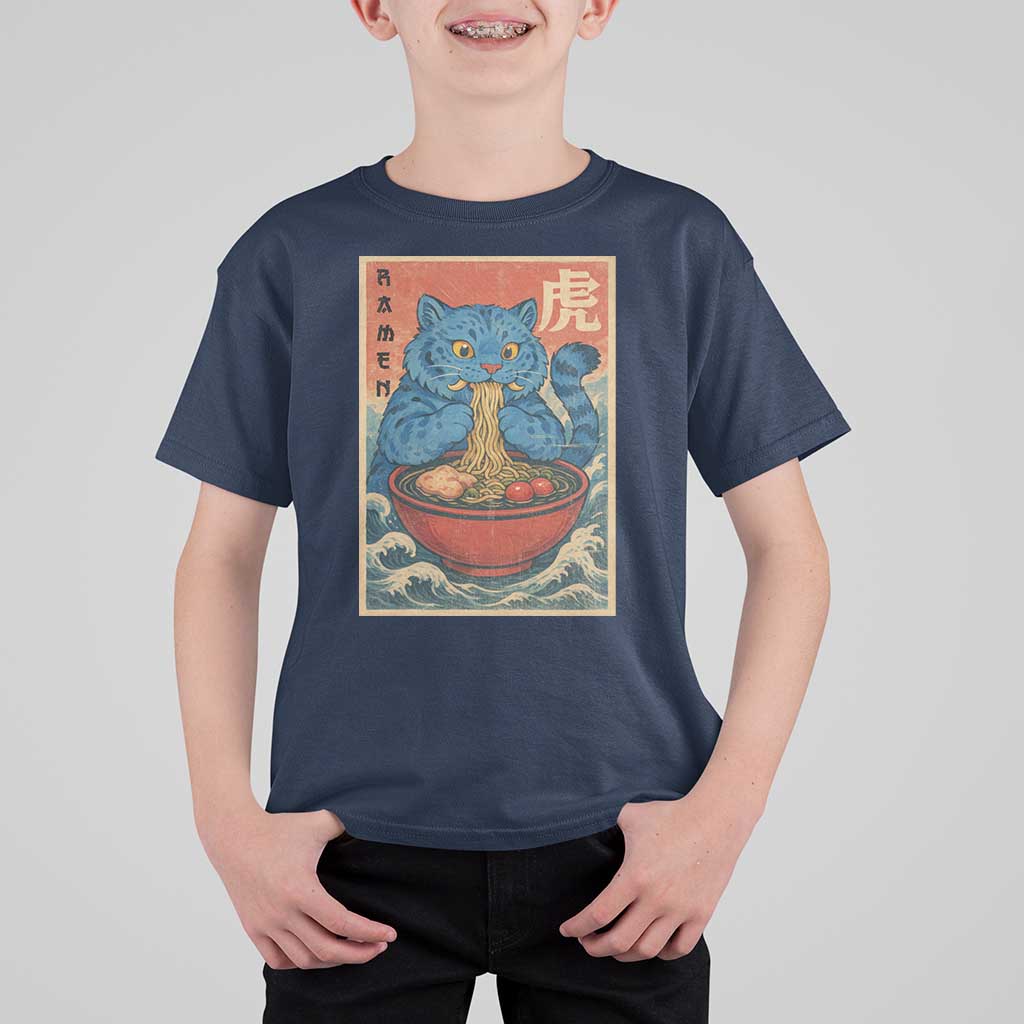 Anime Blue Cat Ramen T Shirt For Kid Vintage Japanese Art Funny Kawaii Demon Cat Tiger - Wonder Print Shop