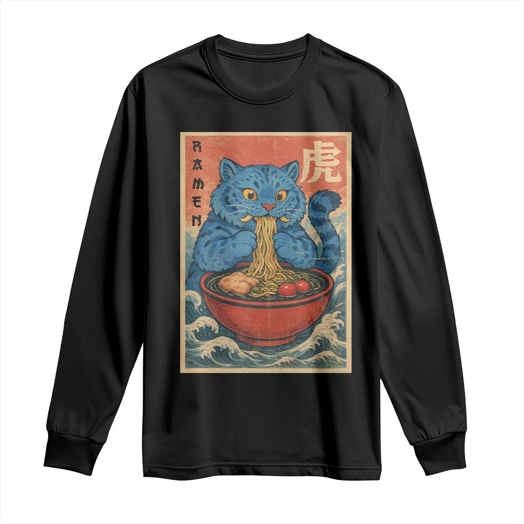 Anime Blue Cat Ramen Long Sleeve Shirt Vintage Japanese Art Funny Kawaii Demon Cat Tiger - Wonder Print Shop