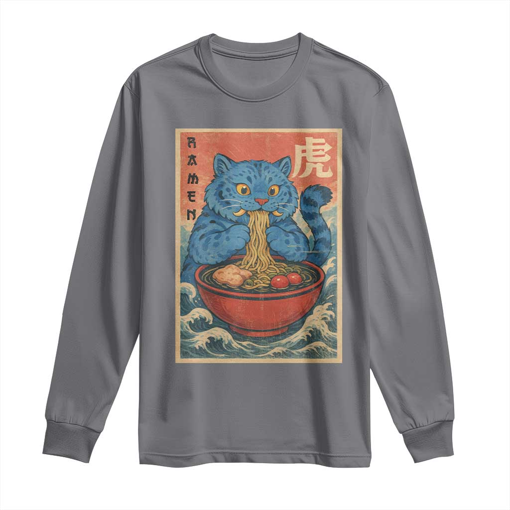 Anime Blue Cat Ramen Long Sleeve Shirt Vintage Japanese Art Funny Kawaii Demon Cat Tiger - Wonder Print Shop