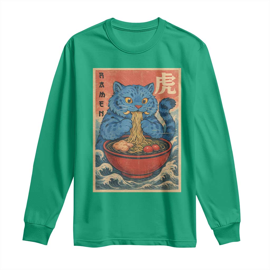 Anime Blue Cat Ramen Long Sleeve Shirt Vintage Japanese Art Funny Kawaii Demon Cat Tiger - Wonder Print Shop