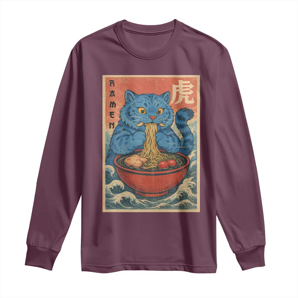 Anime Blue Cat Ramen Long Sleeve Shirt Vintage Japanese Art Funny Kawaii Demon Cat Tiger - Wonder Print Shop