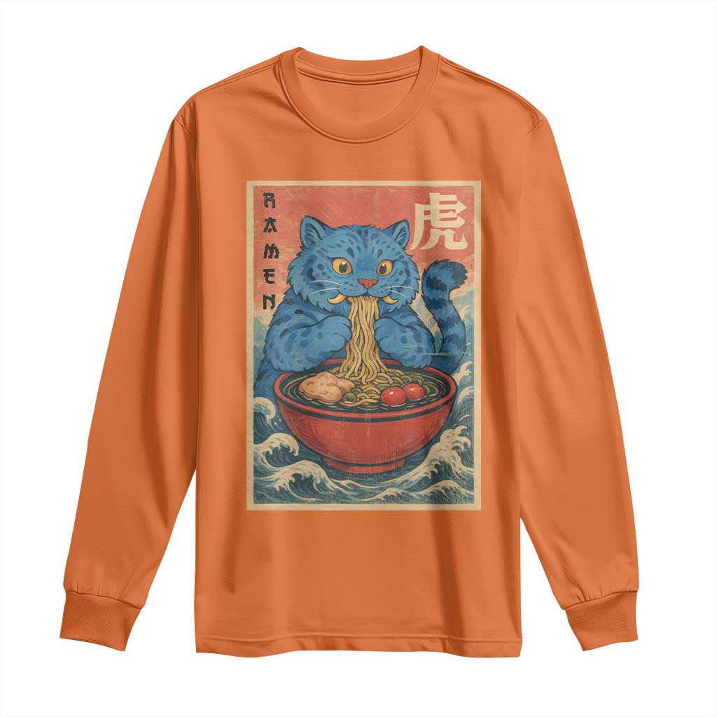 Anime Blue Cat Ramen Long Sleeve Shirt Vintage Japanese Art Funny Kawaii Demon Cat Tiger - Wonder Print Shop