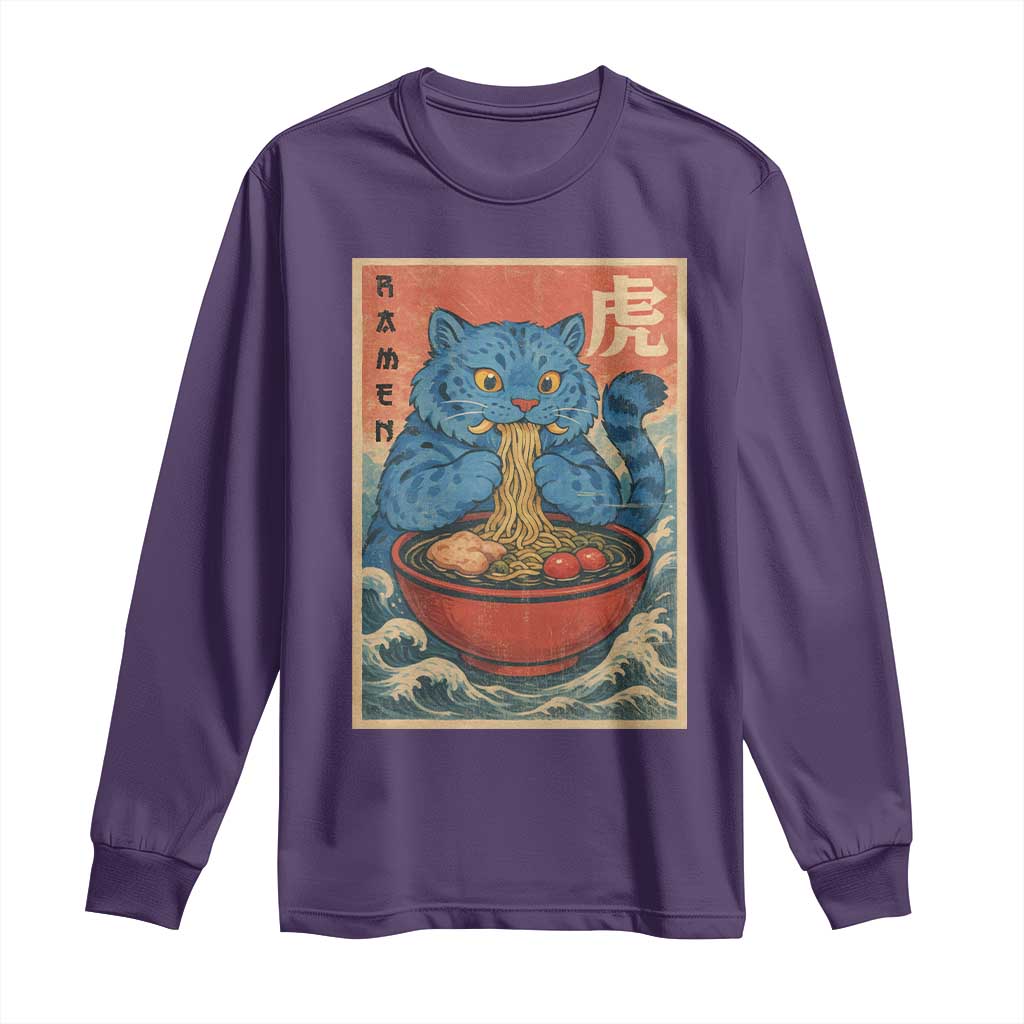 Anime Blue Cat Ramen Long Sleeve Shirt Vintage Japanese Art Funny Kawaii Demon Cat Tiger - Wonder Print Shop