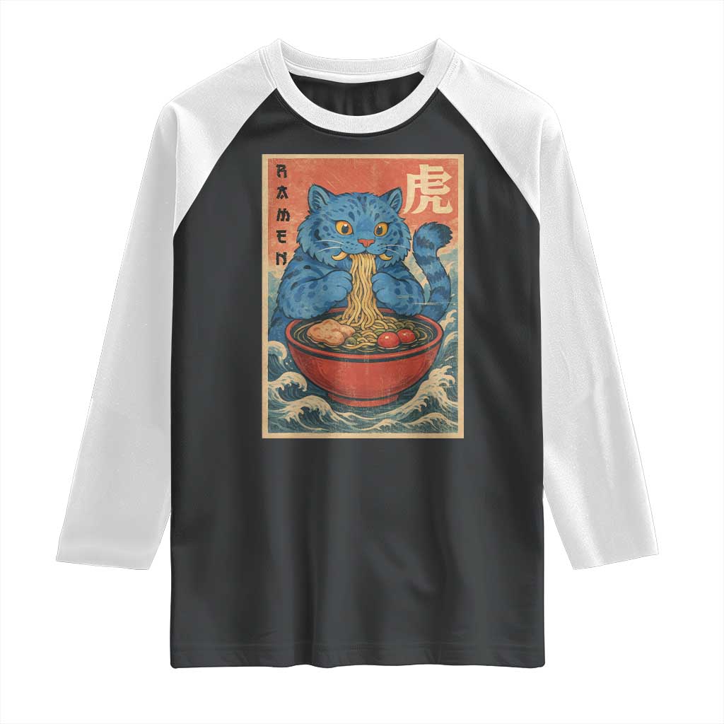 Anime Blue Cat Ramen Raglan Shirt Vintage Japanese Art Funny Kawaii Demon Cat Tiger - Wonder Print Shop