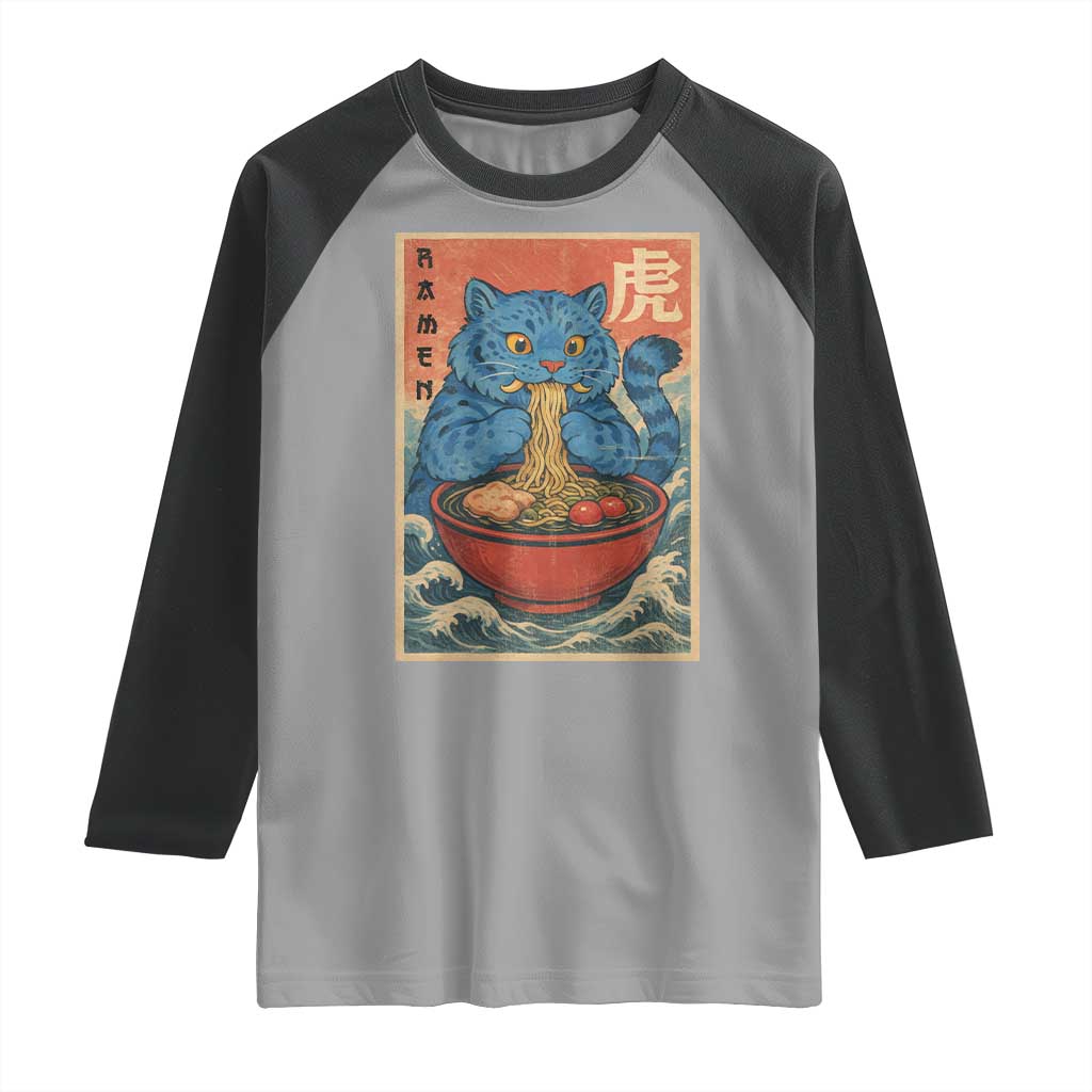 Anime Blue Cat Ramen Raglan Shirt Vintage Japanese Art Funny Kawaii Demon Cat Tiger - Wonder Print Shop