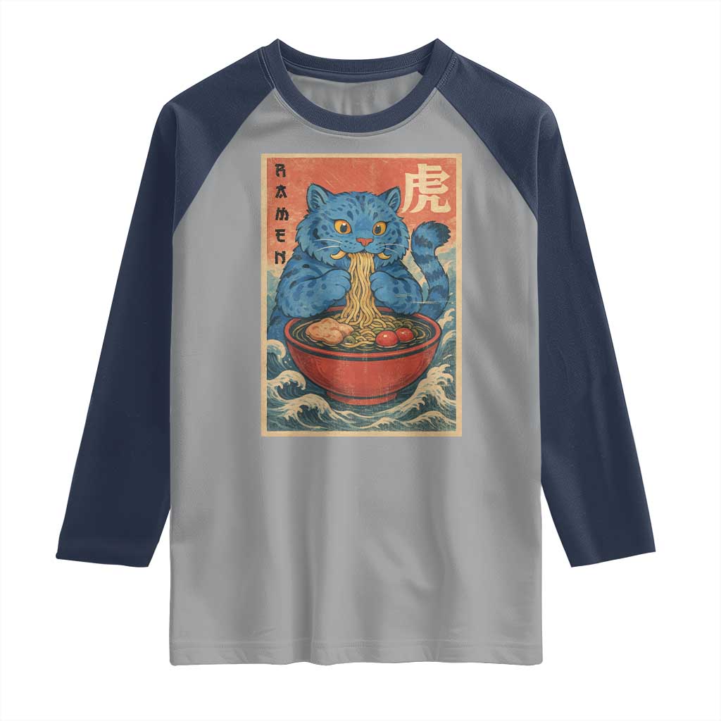 Anime Blue Cat Ramen Raglan Shirt Vintage Japanese Art Funny Kawaii Demon Cat Tiger - Wonder Print Shop