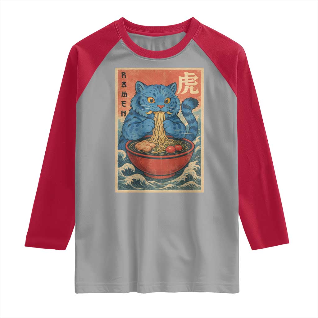 Anime Blue Cat Ramen Raglan Shirt Vintage Japanese Art Funny Kawaii Demon Cat Tiger - Wonder Print Shop