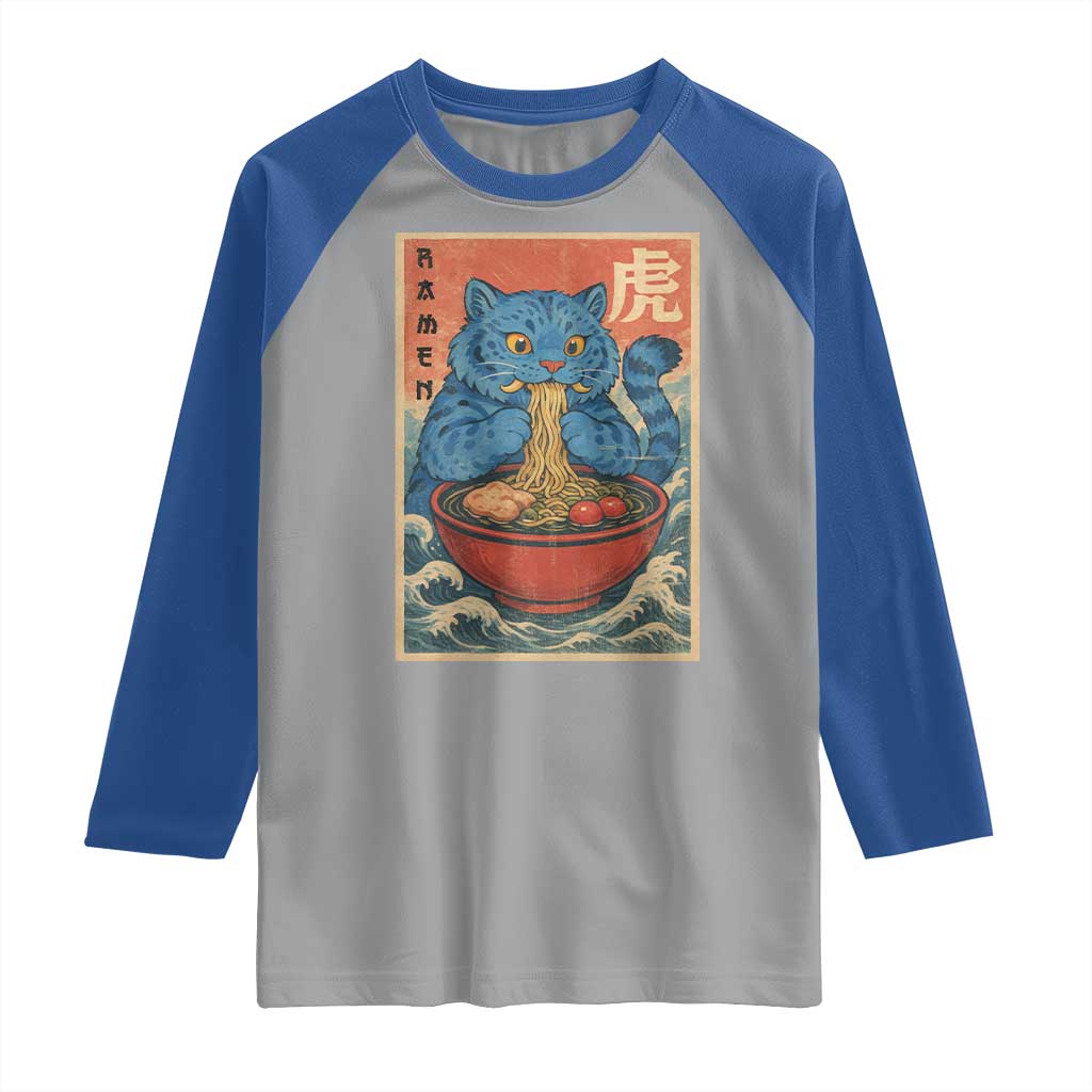 Anime Blue Cat Ramen Raglan Shirt Vintage Japanese Art Funny Kawaii Demon Cat Tiger - Wonder Print Shop