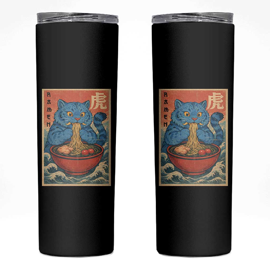 Anime Blue Cat Ramen Skinny Tumbler Vintage Japanese Art Funny Kawaii Demon Cat Tiger - Wonder Print Shop
