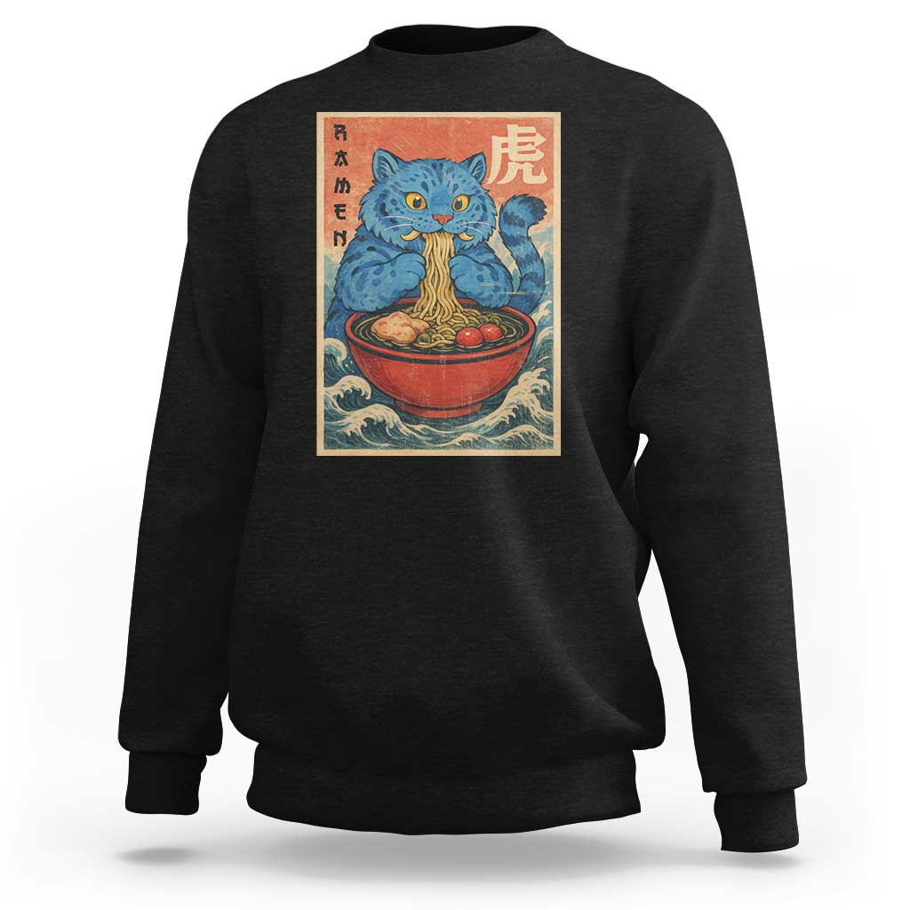 Anime Blue Cat Ramen Sweatshirt Vintage Japanese Art Funny Kawaii Demon Cat Tiger - Wonder Print Shop