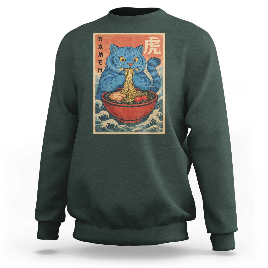 Anime Blue Cat Ramen Sweatshirt Vintage Japanese Art Funny Kawaii Demon Cat Tiger - Wonder Print Shop
