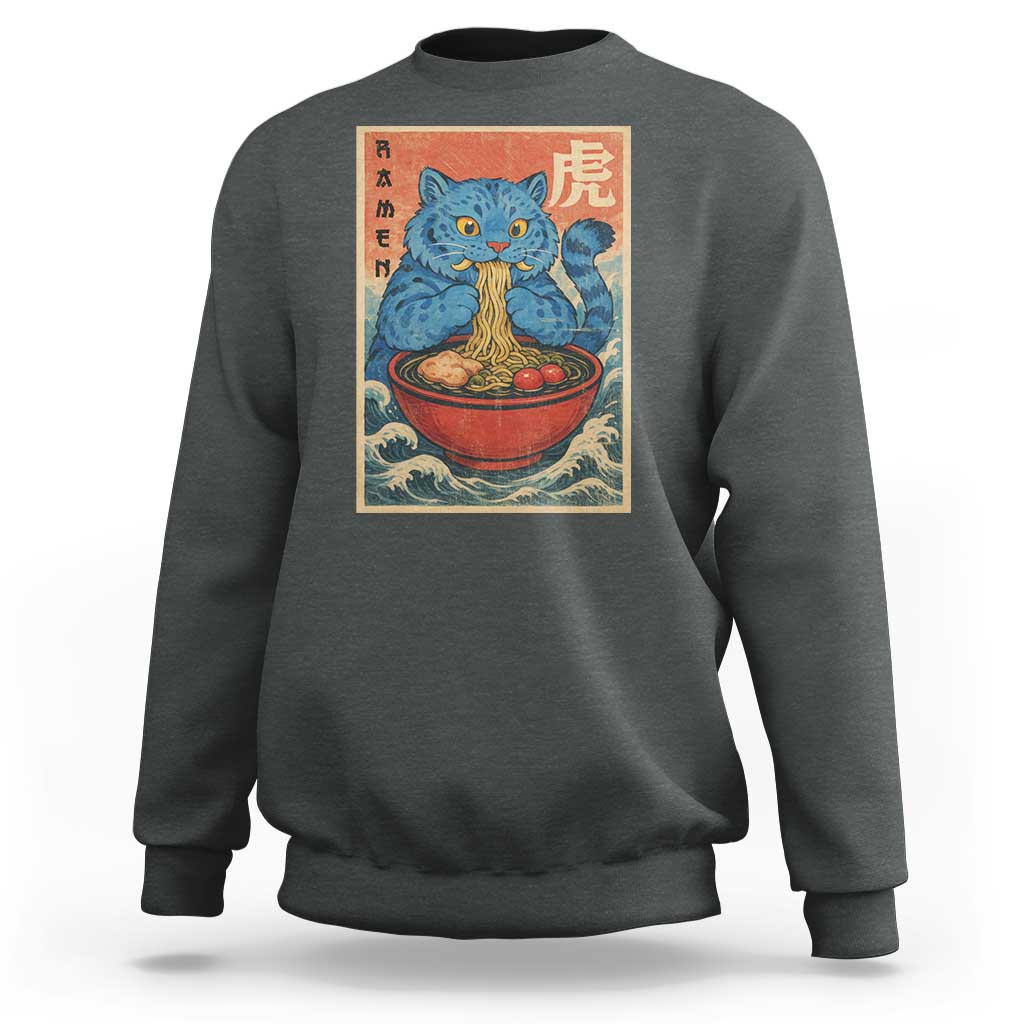 Anime Blue Cat Ramen Sweatshirt Vintage Japanese Art Funny Kawaii Demon Cat Tiger - Wonder Print Shop