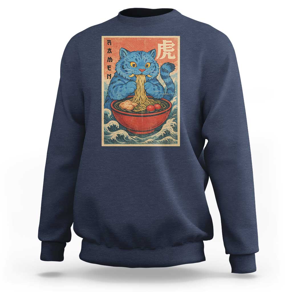 Anime Blue Cat Ramen Sweatshirt Vintage Japanese Art Funny Kawaii Demon Cat Tiger - Wonder Print Shop