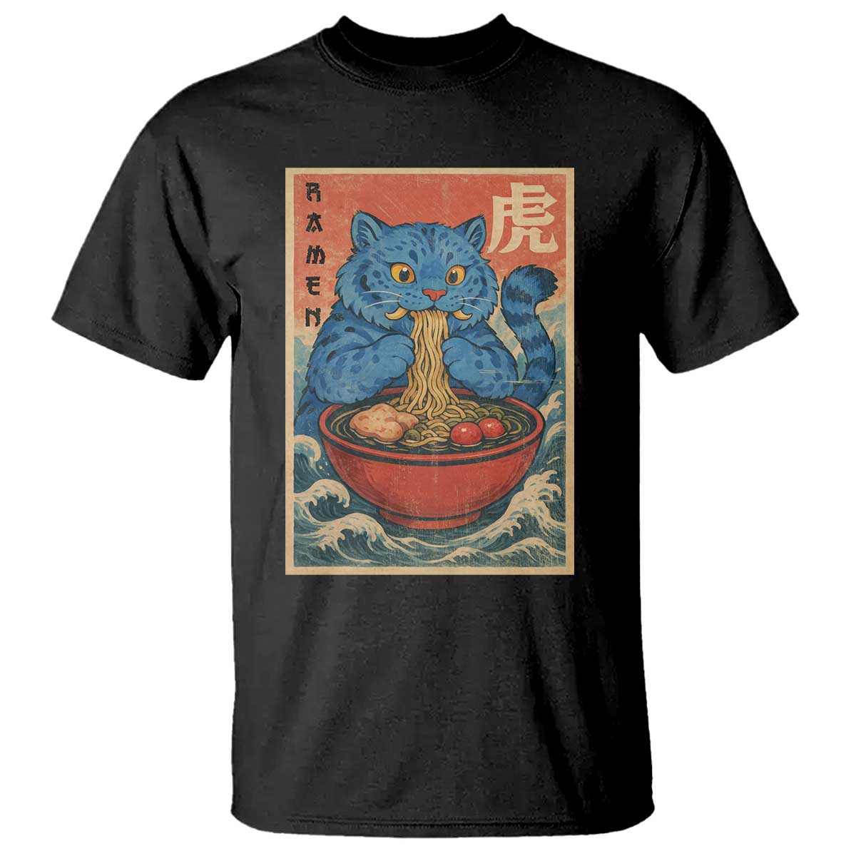 Anime Blue Cat Ramen T Shirt Vintage Japanese Art Funny Kawaii Demon Cat Tiger - Wonder Print Shop