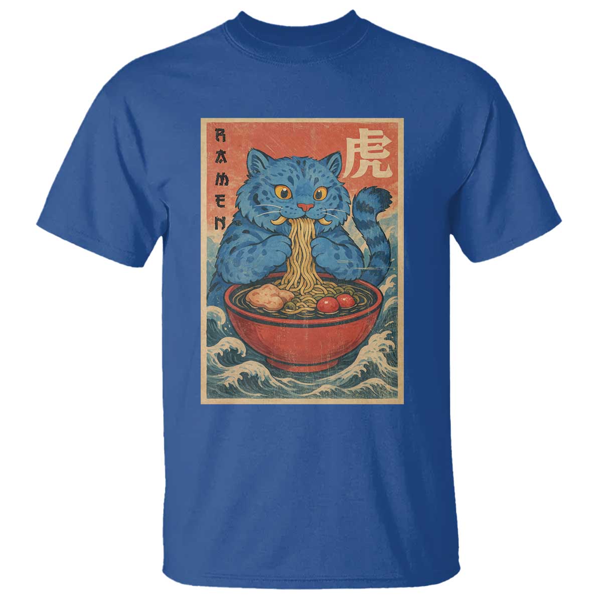 Anime Blue Cat Ramen T Shirt Vintage Japanese Art Funny Kawaii Demon Cat Tiger - Wonder Print Shop