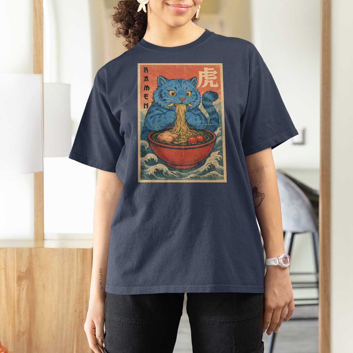 Anime Blue Cat Ramen T Shirt For Women Vintage Japanese Art Funny Kawaii Demon Cat Tiger - Wonder Print Shop