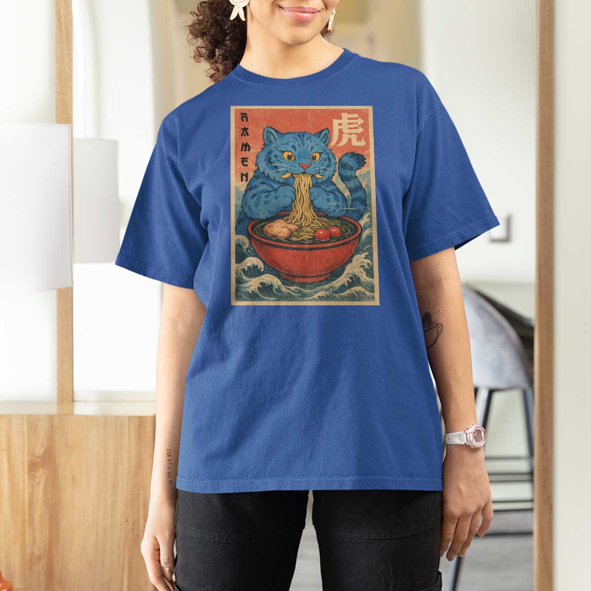 Anime Blue Cat Ramen T Shirt For Women Vintage Japanese Art Funny Kawaii Demon Cat Tiger - Wonder Print Shop