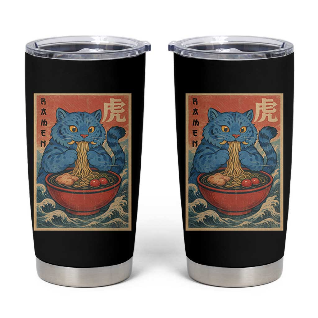 Anime Blue Cat Ramen Tumbler Cup Vintage Japanese Art Funny Kawaii Demon Cat Tiger - Wonder Print Shop