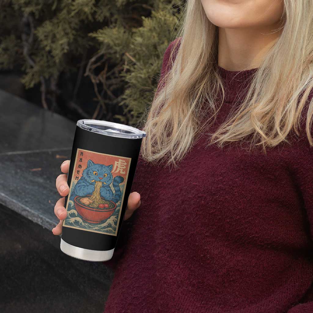 Anime Blue Cat Ramen Tumbler Cup Vintage Japanese Art Funny Kawaii Demon Cat Tiger - Wonder Print Shop