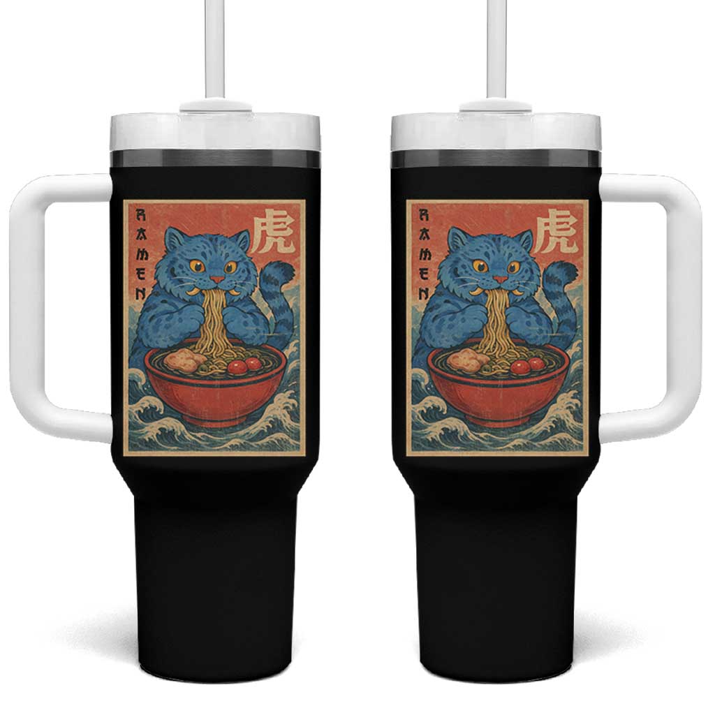 Anime Blue Cat Ramen Tumbler With Handle Vintage Japanese Art Funny Kawaii Demon Cat Tiger - Wonder Print Shop