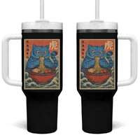 Anime Blue Cat Ramen Tumbler With Handle Vintage Japanese Art Funny Kawaii Demon Cat Tiger - Wonder Print Shop