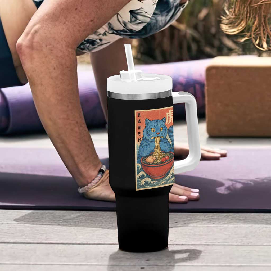 Anime Blue Cat Ramen Tumbler With Handle Vintage Japanese Art Funny Kawaii Demon Cat Tiger - Wonder Print Shop