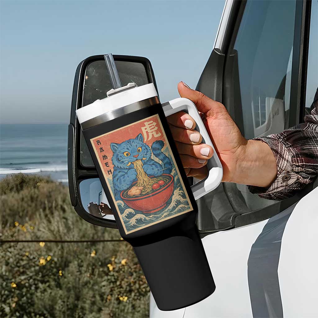 Anime Blue Cat Ramen Tumbler With Handle Vintage Japanese Art Funny Kawaii Demon Cat Tiger - Wonder Print Shop