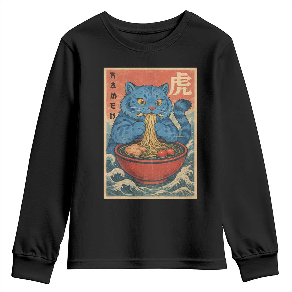 Anime Blue Cat Ramen Youth Sweatshirt Vintage Japanese Art Funny Kawaii Demon Cat Tiger - Wonder Print Shop