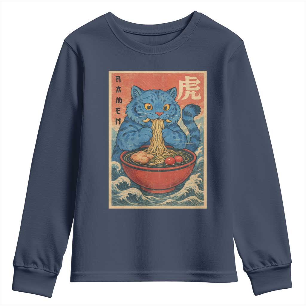 Anime Blue Cat Ramen Youth Sweatshirt Vintage Japanese Art Funny Kawaii Demon Cat Tiger - Wonder Print Shop