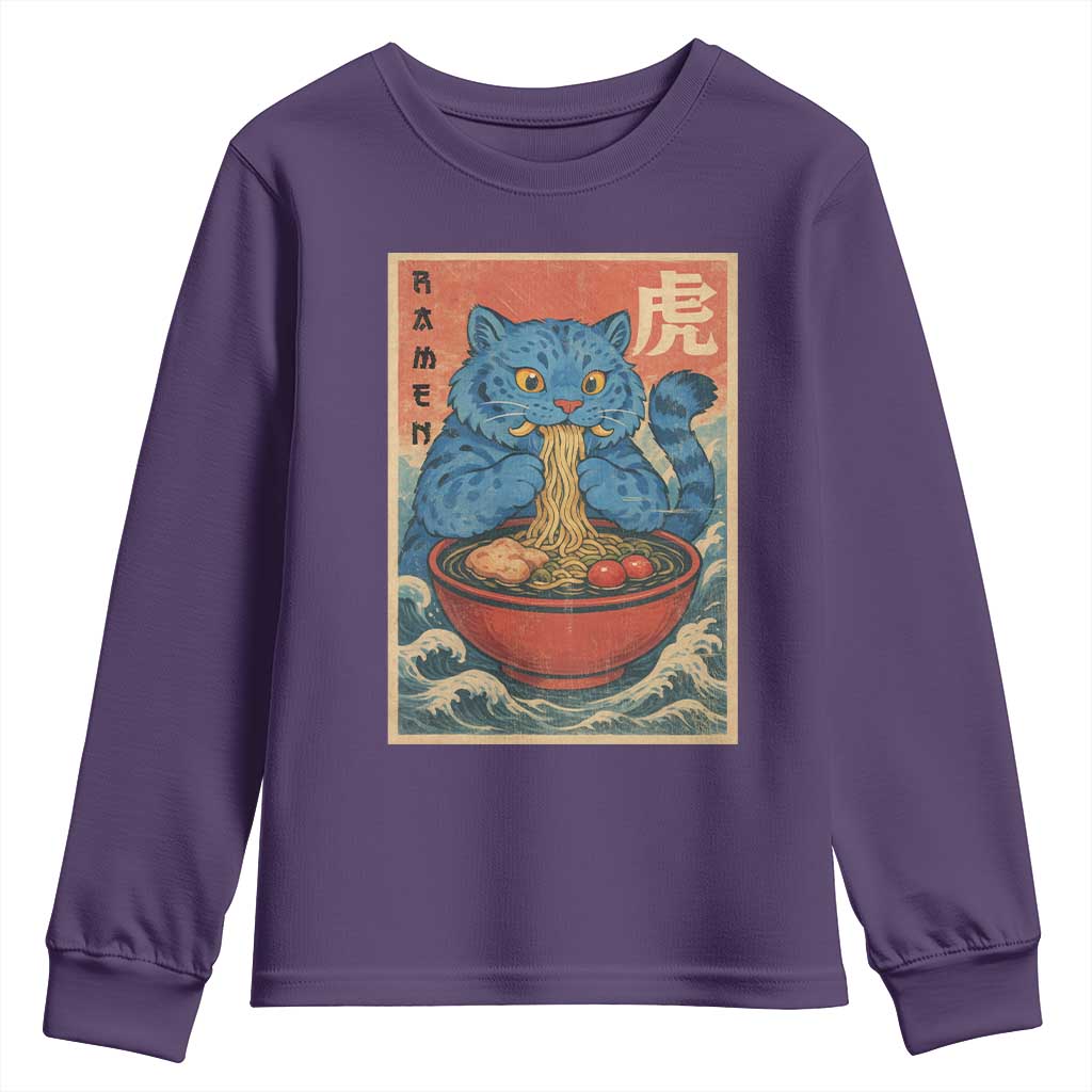 Anime Blue Cat Ramen Youth Sweatshirt Vintage Japanese Art Funny Kawaii Demon Cat Tiger - Wonder Print Shop