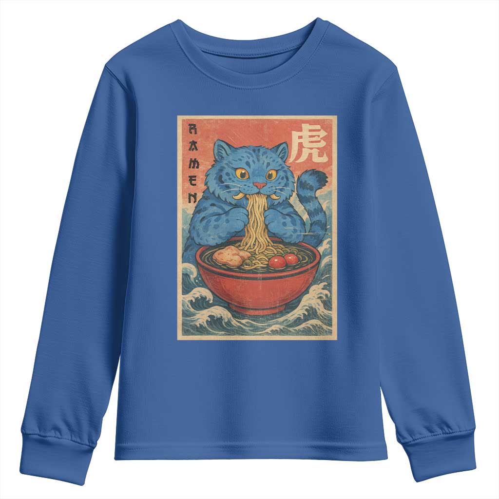 Anime Blue Cat Ramen Youth Sweatshirt Vintage Japanese Art Funny Kawaii Demon Cat Tiger - Wonder Print Shop
