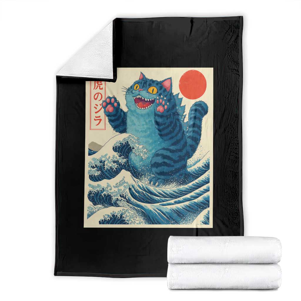 Blue Catzilla Cat Japanese Art Throw Blanket Kawaii Demon Tiger Funny Kitty Dad Gifts - Wonder Print Shop