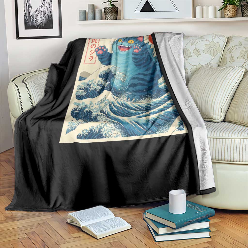 Blue Catzilla Cat Japanese Art Throw Blanket Kawaii Demon Tiger Funny Kitty Dad Gifts - Wonder Print Shop