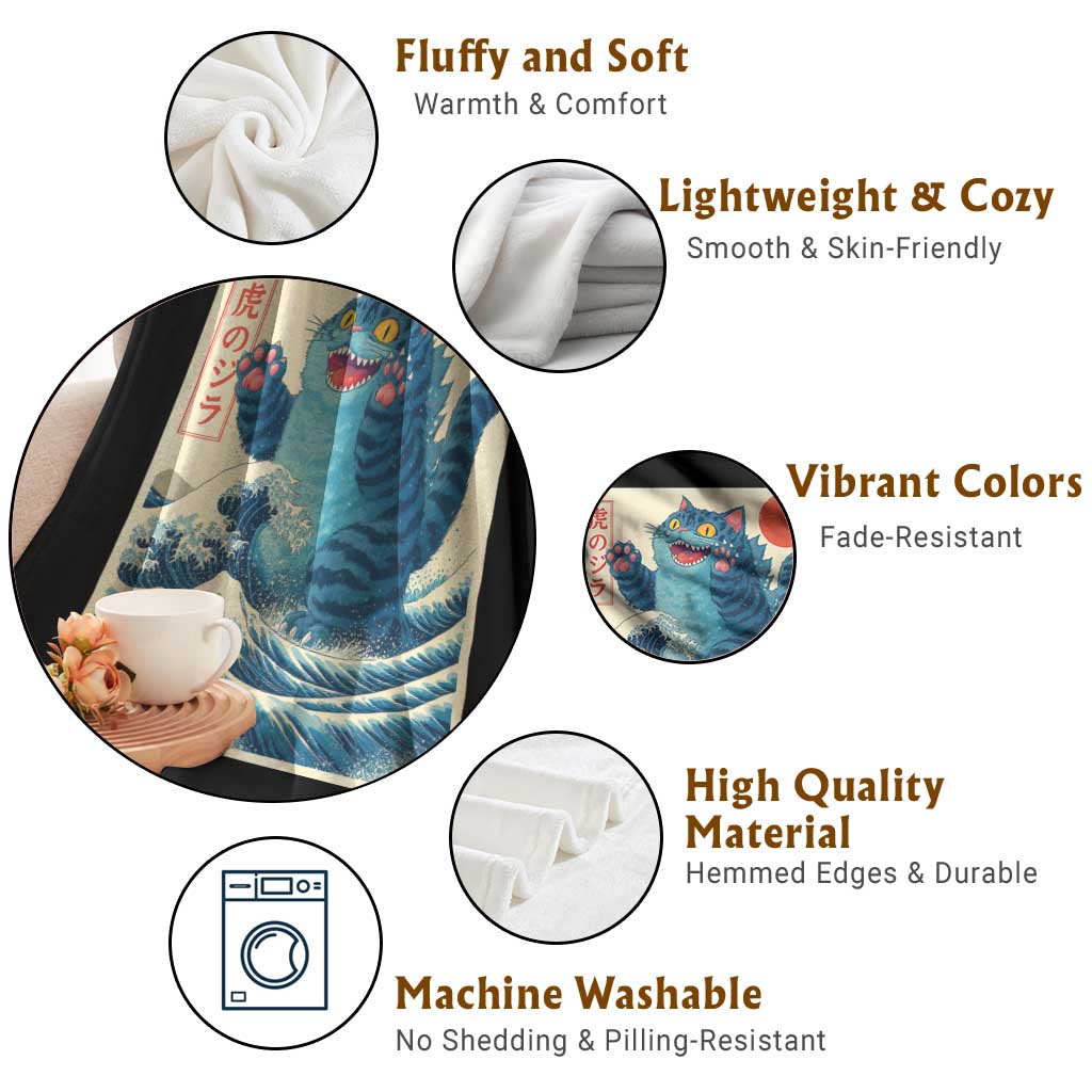 Blue Catzilla Cat Japanese Art Throw Blanket Kawaii Demon Tiger Funny Kitty Dad Gifts - Wonder Print Shop