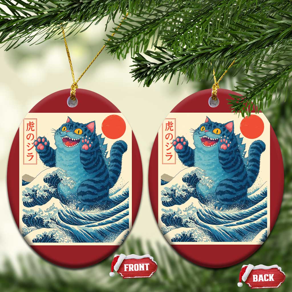 Blue Catzilla Cat Japanese Art Christmas Ornament Kawaii Demon Tiger Funny Kitty Dad Gifts - Wonder Print Shop