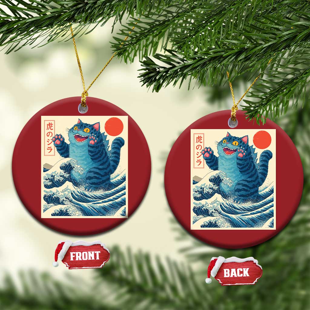 Blue Catzilla Cat Japanese Art Christmas Ornament Kawaii Demon Tiger Funny Kitty Dad Gifts - Wonder Print Shop