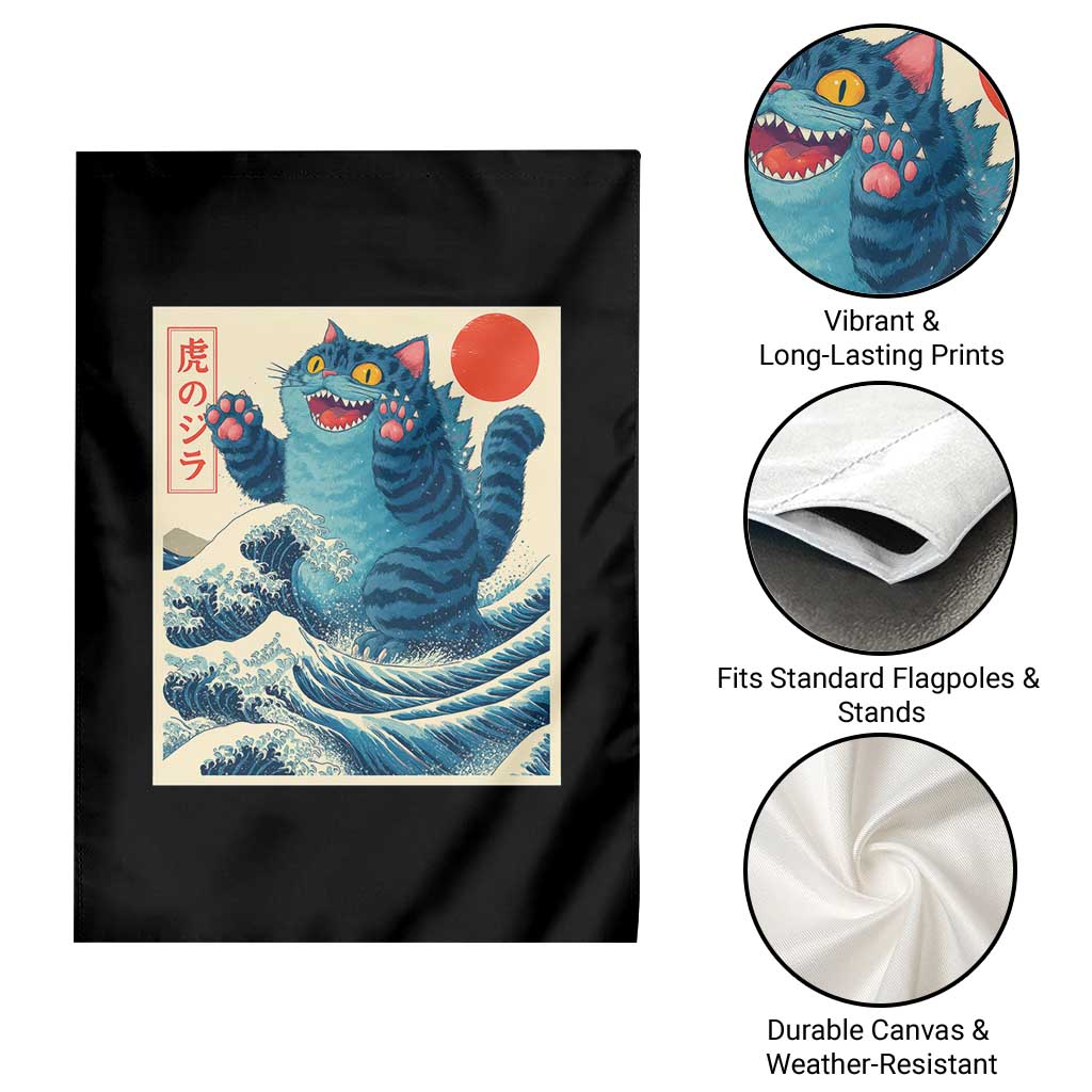Blue Catzilla Cat Japanese Art Garden Flag Kawaii Demon Tiger Funny Kitty Dad Gifts - Wonder Print Shop