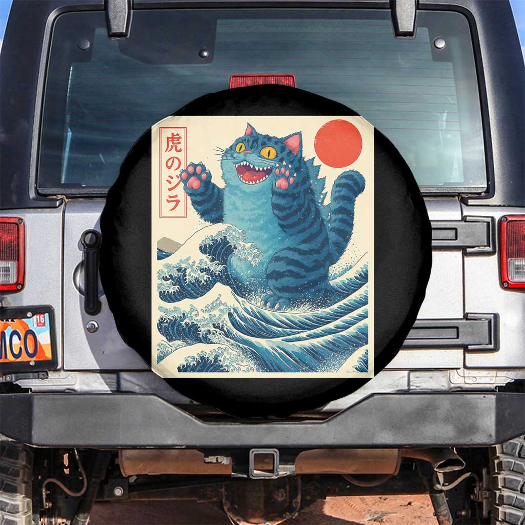 Blue Catzilla Cat Japanese Art Spare Tire Cover Kawaii Demon Tiger Funny Kitty Dad Gifts - Wonder Print Shop