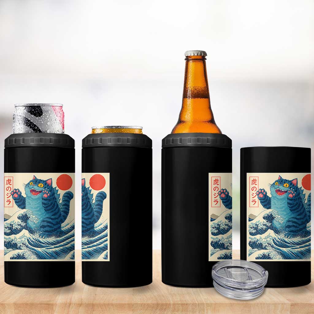 Blue Catzilla Cat Japanese Art 4 in 1 Can Cooler Tumbler Kawaii Demon Tiger Funny Kitty Dad Gifts - Wonder Print Shop