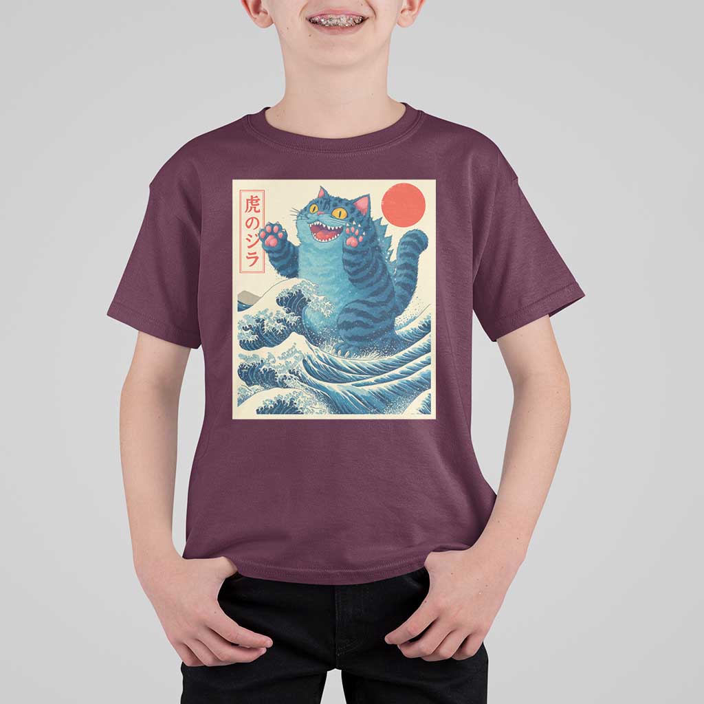 Blue Catzilla Cat Japanese Art T Shirt For Kid Kawaii Demon Tiger Funny Kitty Dad Gifts - Wonder Print Shop