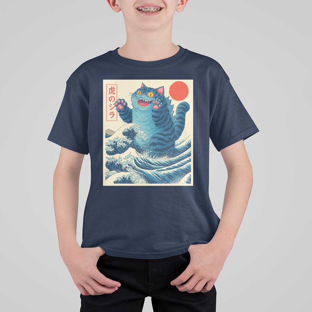 Blue Catzilla Cat Japanese Art T Shirt For Kid Kawaii Demon Tiger Funny Kitty Dad Gifts - Wonder Print Shop