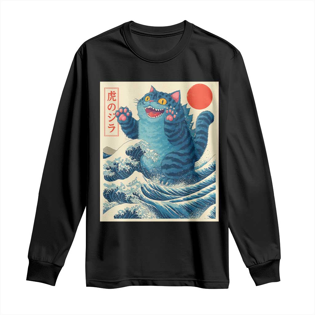 Blue Catzilla Cat Japanese Art Long Sleeve Shirt Kawaii Demon Tiger Funny Kitty Dad Gifts - Wonder Print Shop