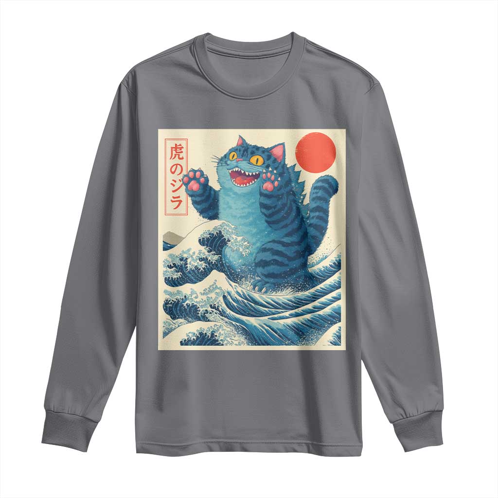 Blue Catzilla Cat Japanese Art Long Sleeve Shirt Kawaii Demon Tiger Funny Kitty Dad Gifts - Wonder Print Shop