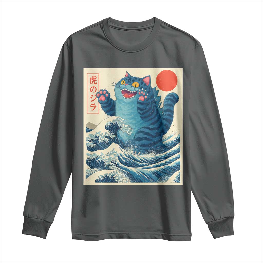 Blue Catzilla Cat Japanese Art Long Sleeve Shirt Kawaii Demon Tiger Funny Kitty Dad Gifts - Wonder Print Shop