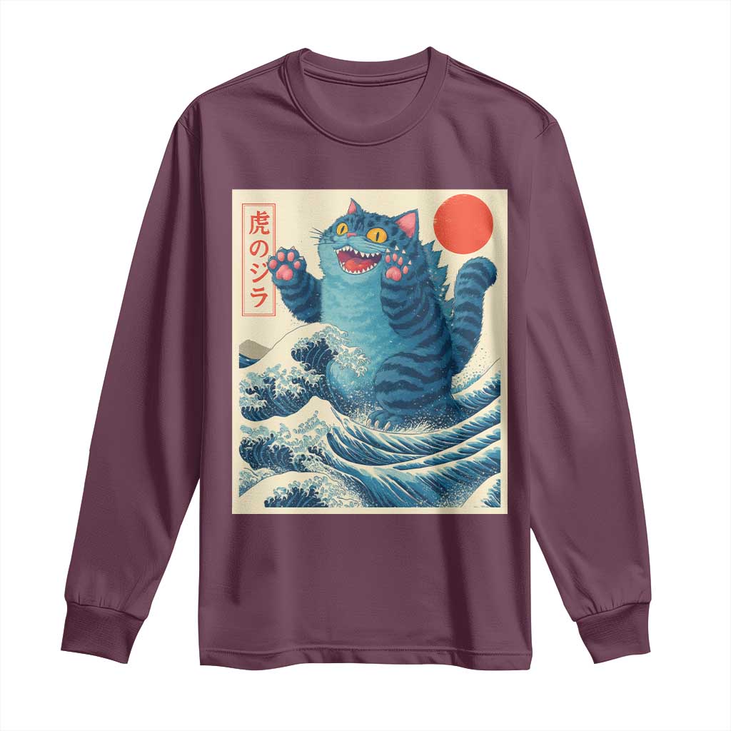 Blue Catzilla Cat Japanese Art Long Sleeve Shirt Kawaii Demon Tiger Funny Kitty Dad Gifts - Wonder Print Shop