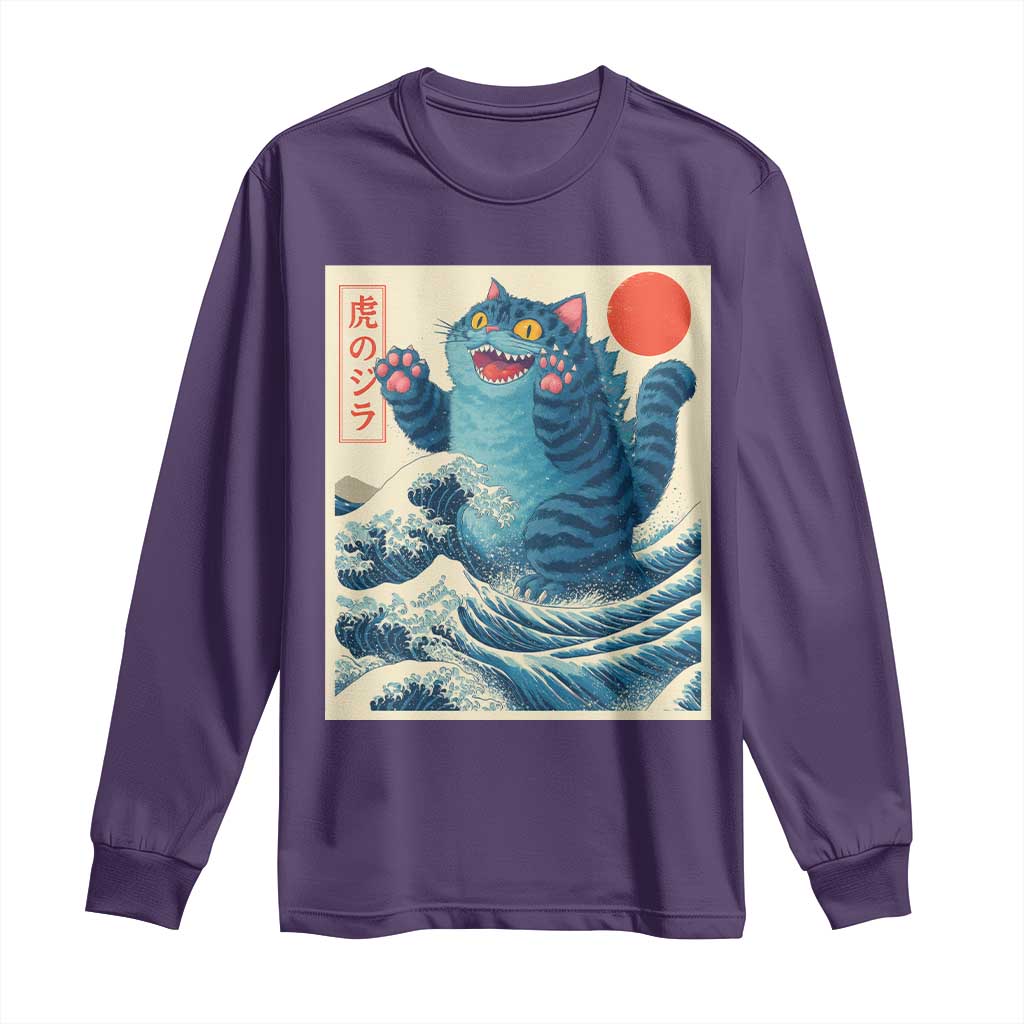 Blue Catzilla Cat Japanese Art Long Sleeve Shirt Kawaii Demon Tiger Funny Kitty Dad Gifts - Wonder Print Shop